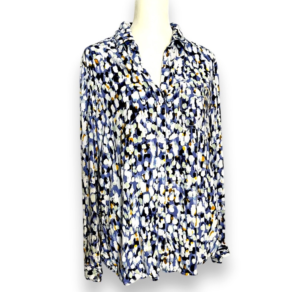 Beach Lunch Lounge African Violets Print Button Down Top High Low Hem Size M